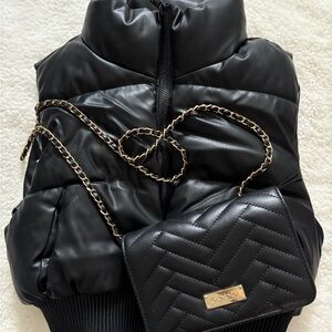 Black Faux Leather Cropped Vest Ribbed Bottom with Pockets